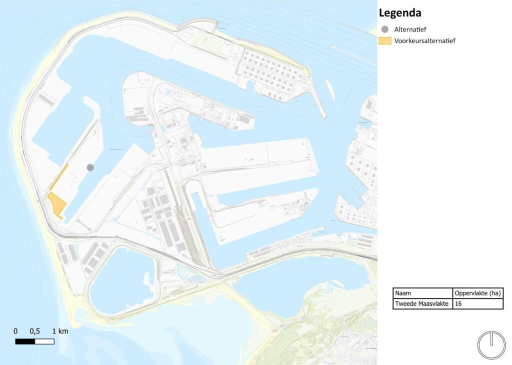 Kaart van de Maasvlakte met in geel het beoogde gebied van Defensie
