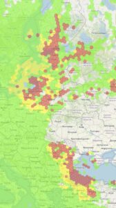 Kaart van oost Europa met in rood de plekken waar navigatiesignalen verstoord zijn.