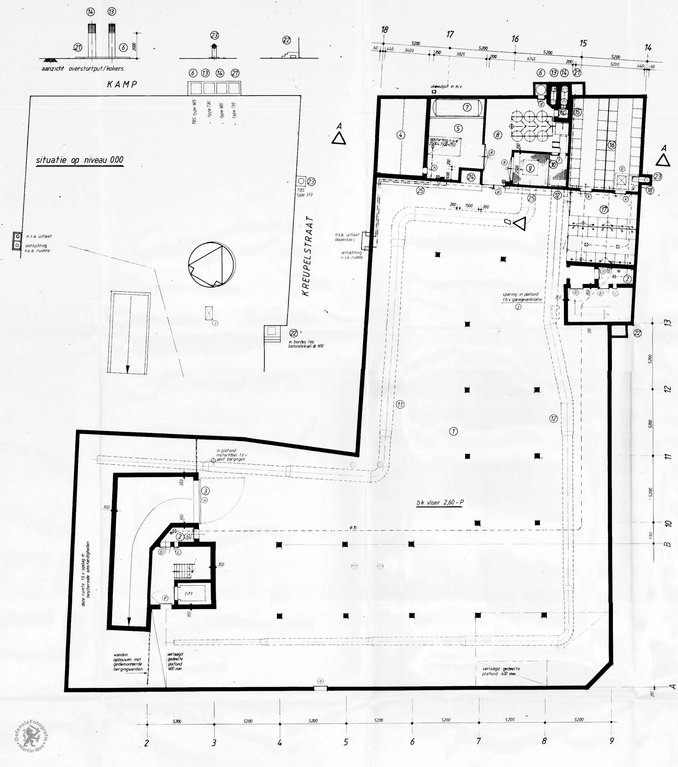 Technische tekening (zwartwit) van de plattegrond van de kelder