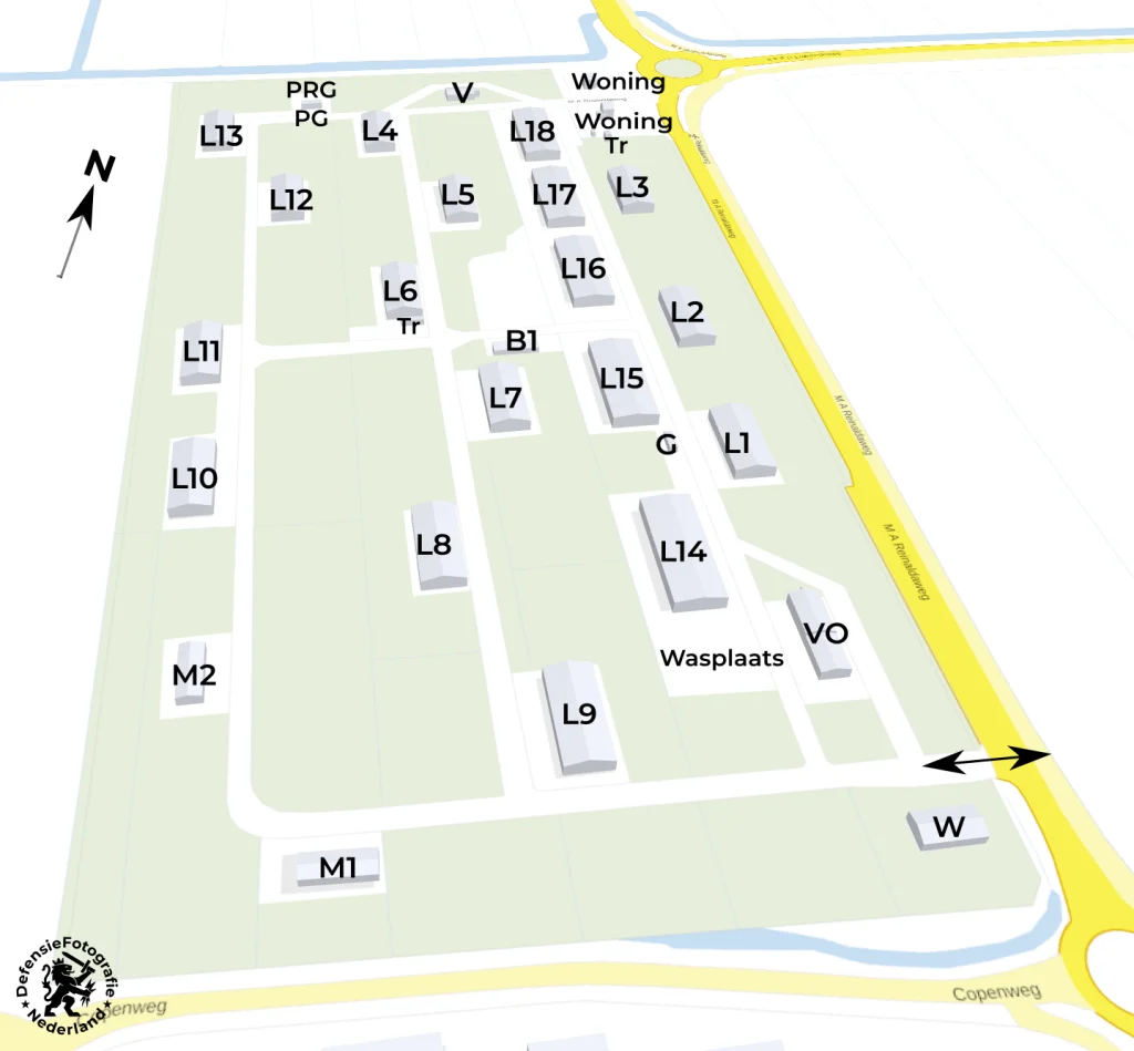 Kaart (plattegrond) MOB-complex Lopik met daarop de gebouwen en gebouwnummers