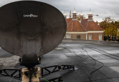 Satellietschotel op het dak tegen een achtergrond met oude Nijkerkse gebouwen