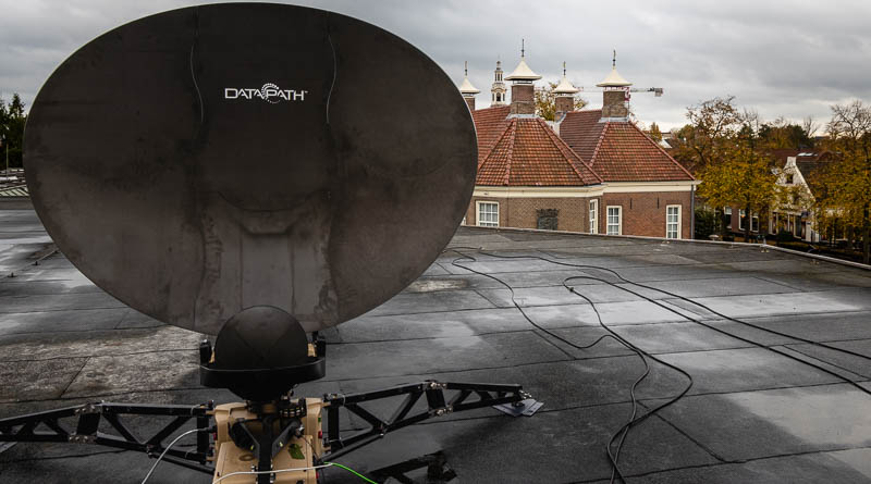 Satellietschotel op het dak tegen een achtergrond met oude Nijkerkse gebouwen
