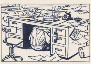 Zwart-wit tekening van een man die schuilt onder een bureau bij een kernexplosie