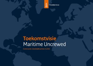 Donkerblauwe voorkant van het document 'Toekomstvisie Maritime Uncrewed' van de Koninklijke Marine